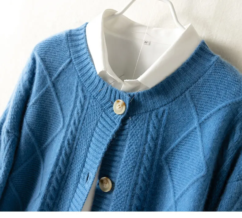 2021 autumn/winter new cashmere sweater Women's round neck cardigan sweater coat twist loose large size knit 100% wool