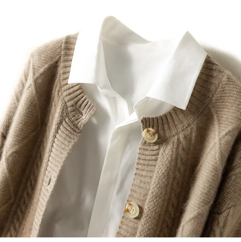 2021 autumn/winter new cashmere sweater Women's round neck cardigan sweater coat twist loose large size knit 100% wool