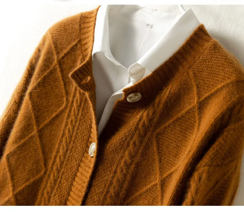 2021 autumn/winter new cashmere sweater Women's round neck cardigan sweater coat twist loose large size knit 100% wool