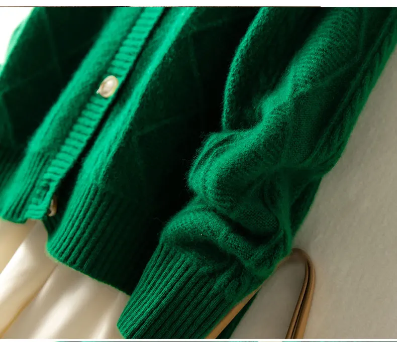 2021 autumn/winter new cashmere sweater Women's round neck cardigan sweater coat twist loose large size knit 100% wool