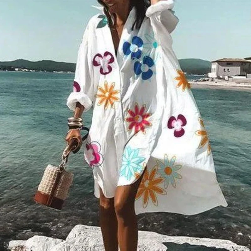 Oversized Loose Casual Aesthetic Summer Dresses Sexy Beach Shirt Dress New Bohemian Long Sleeve Elegant Y2K Vestidos De Mujer