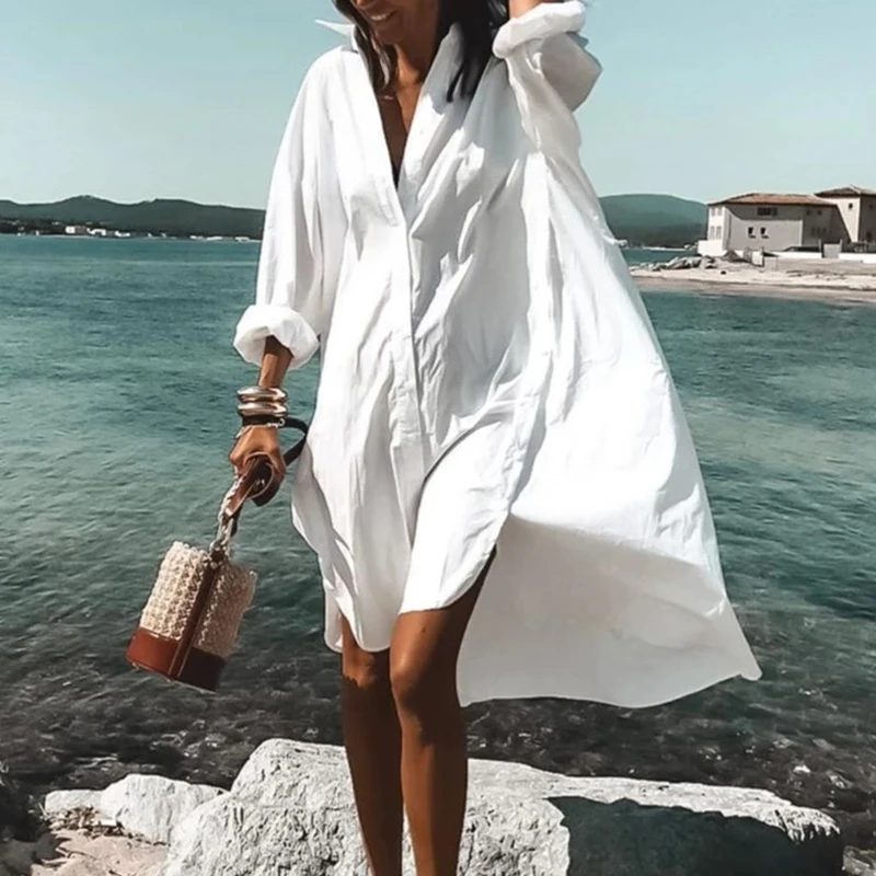 Oversized Loose Casual Aesthetic Summer Dresses Sexy Beach Shirt Dress New Bohemian Long Sleeve Elegant Y2K Vestidos De Mujer