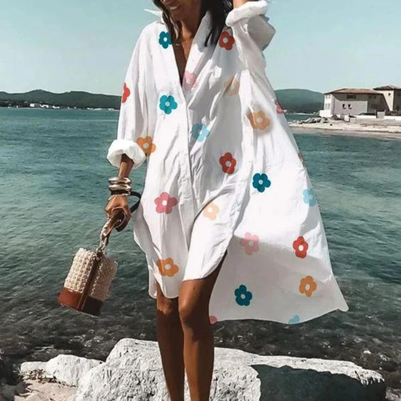 Oversized Loose Casual Aesthetic Summer Dresses Sexy Beach Shirt Dress New Bohemian Long Sleeve Elegant Y2K Vestidos De Mujer