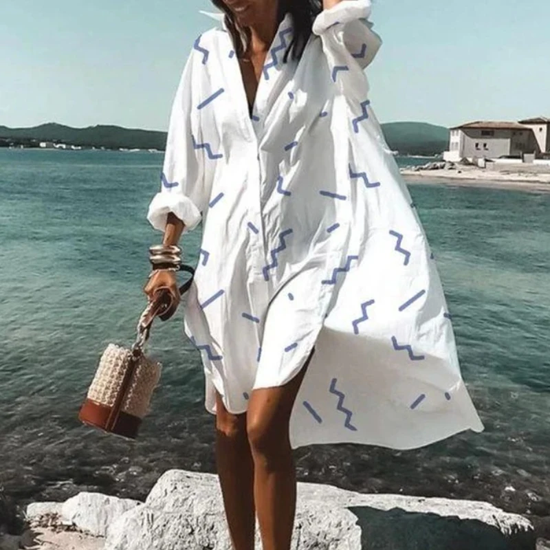 Oversized Loose Casual Aesthetic Summer Dresses Sexy Beach Shirt Dress New Bohemian Long Sleeve Elegant Y2K Vestidos De Mujer