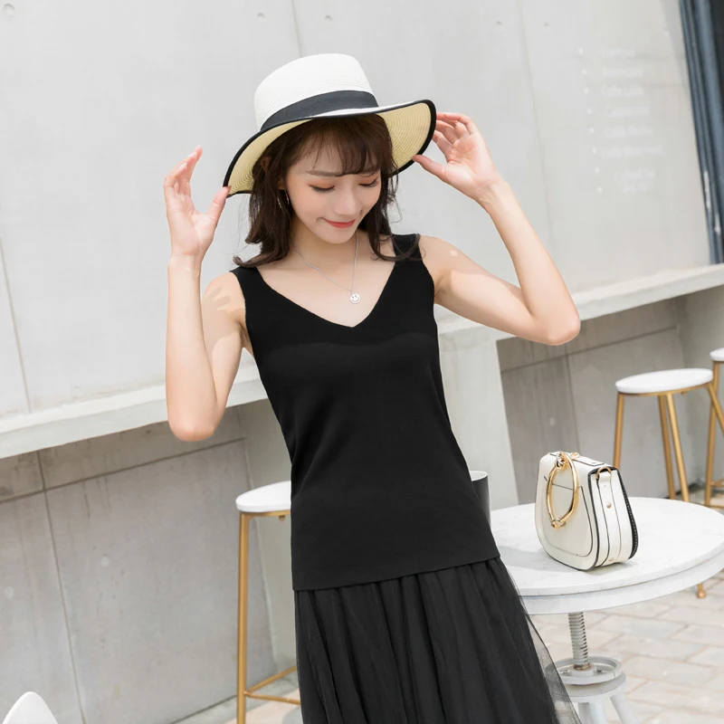 Knitted Women Tank Top Underwear Sexy Padded V Neck Backless Crop Tops Camisole Female Sleeveless Solid Intimate Lingerie Tops