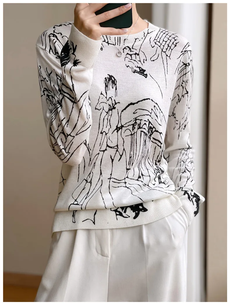 Summer Trendy Fine Imitation Wool Knitted T-Shirt Women's Short-Sleeved Top Graffiti Digital Jacquard Pullover Ladies Sweater