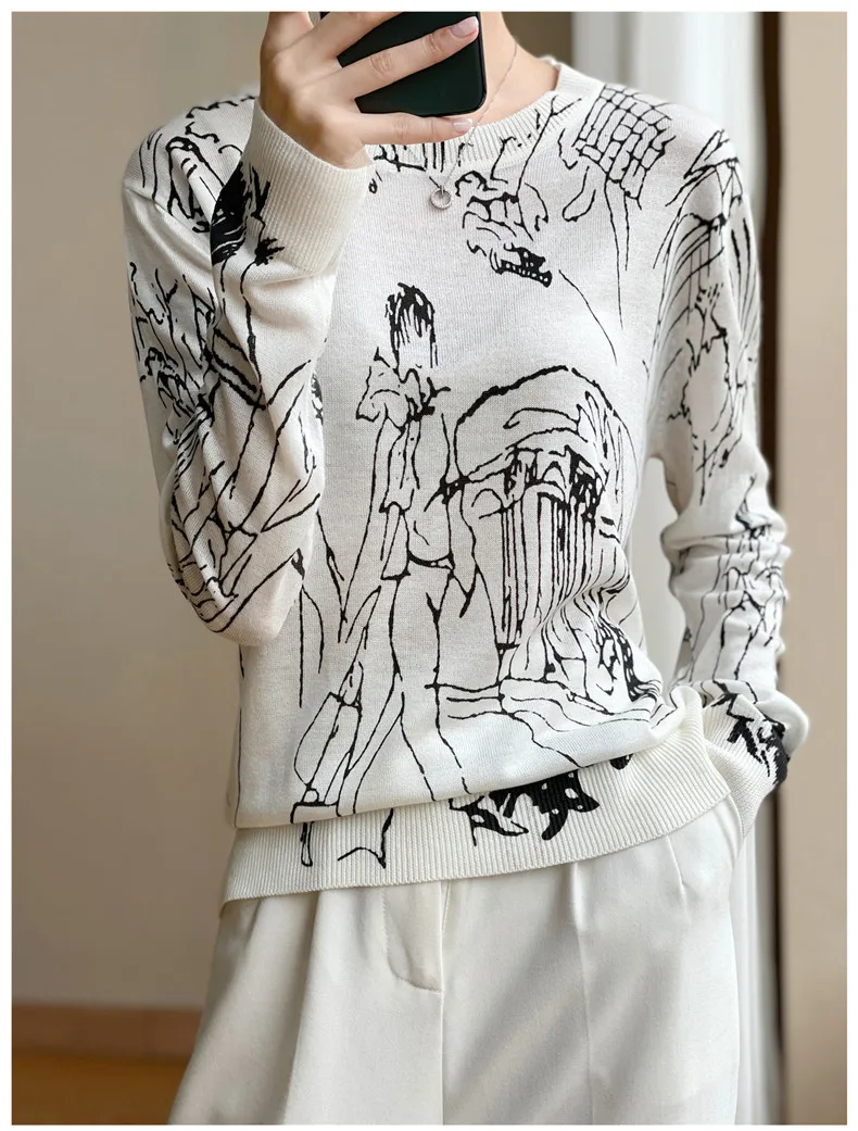 Summer Trendy Fine Imitation Wool Knitted T-Shirt Women's Short-Sleeved Top Graffiti Digital Jacquard Pullover Ladies Sweater