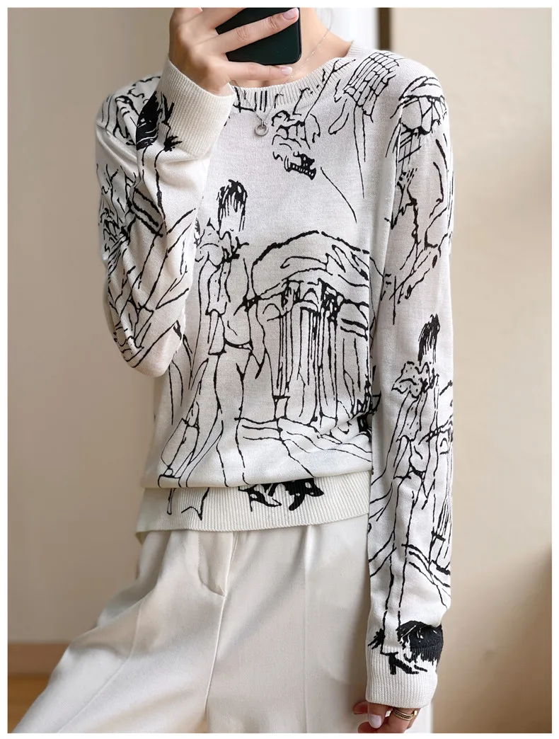 Summer Trendy Fine Imitation Wool Knitted T-Shirt Women's Short-Sleeved Top Graffiti Digital Jacquard Pullover Ladies Sweater
