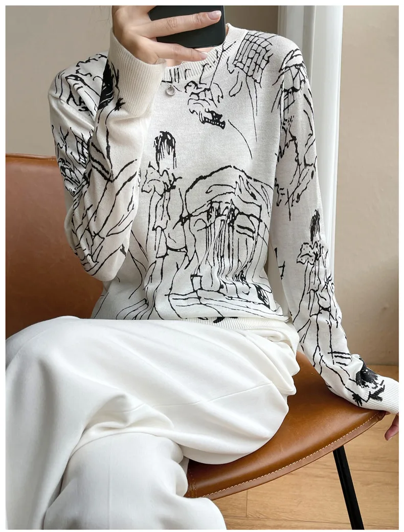 Summer Trendy Fine Imitation Wool Knitted T-Shirt Women's Short-Sleeved Top Graffiti Digital Jacquard Pullover Ladies Sweater