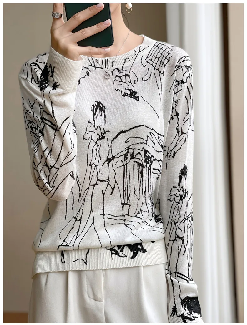 Summer Trendy Fine Imitation Wool Knitted T-Shirt Women's Short-Sleeved Top Graffiti Digital Jacquard Pullover Ladies Sweater