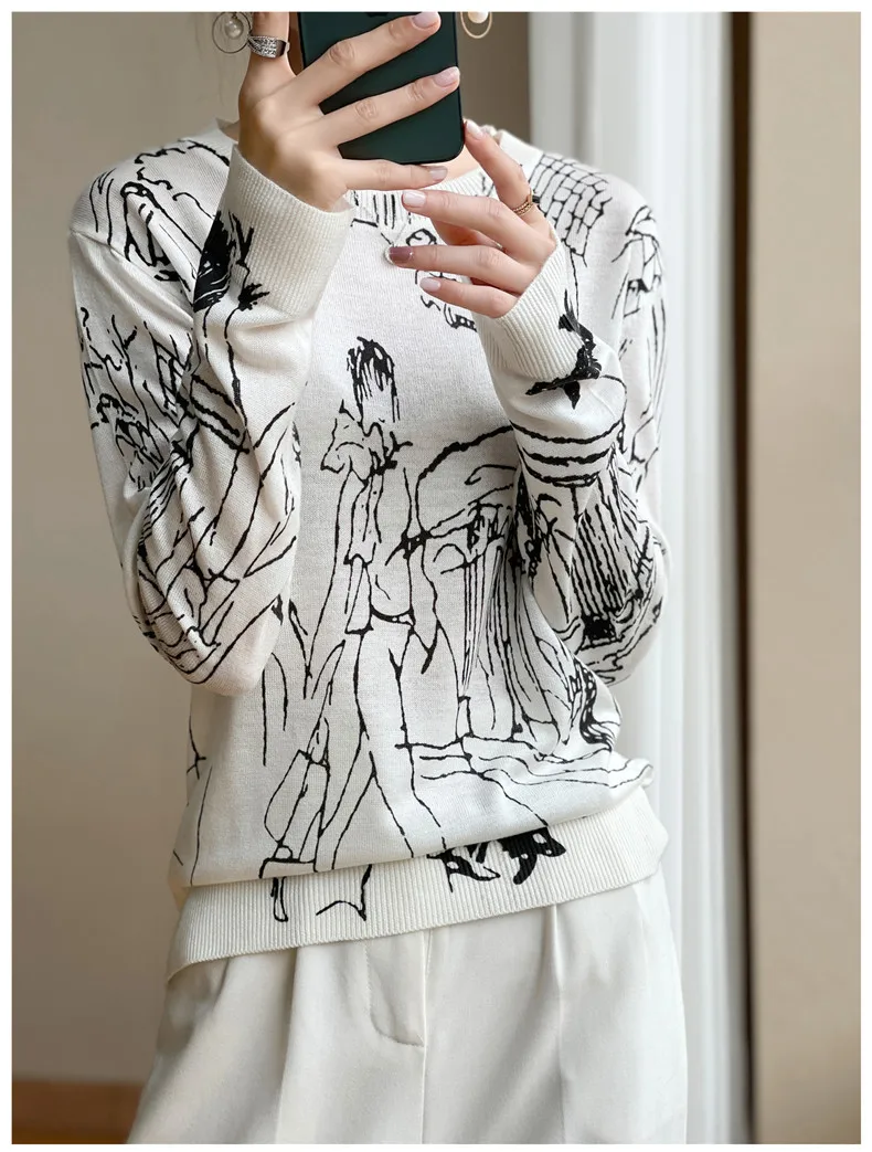 Summer Trendy Fine Imitation Wool Knitted T-Shirt Women's Short-Sleeved Top Graffiti Digital Jacquard Pullover Ladies Sweater