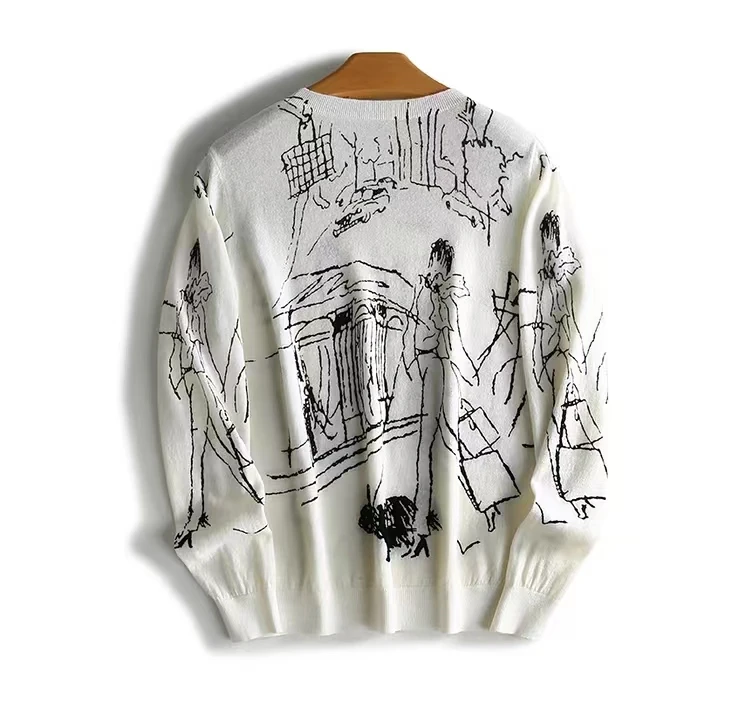 Summer Trendy Fine Imitation Wool Knitted T-Shirt Women's Short-Sleeved Top Graffiti Digital Jacquard Pullover Ladies Sweater