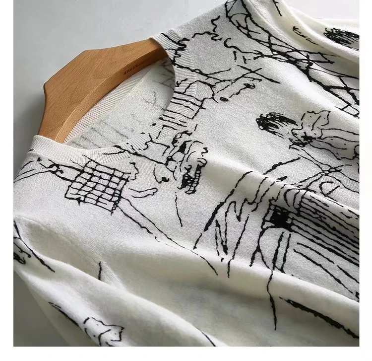 Summer Trendy Fine Imitation Wool Knitted T-Shirt Women's Short-Sleeved Top Graffiti Digital Jacquard Pullover Ladies Sweater