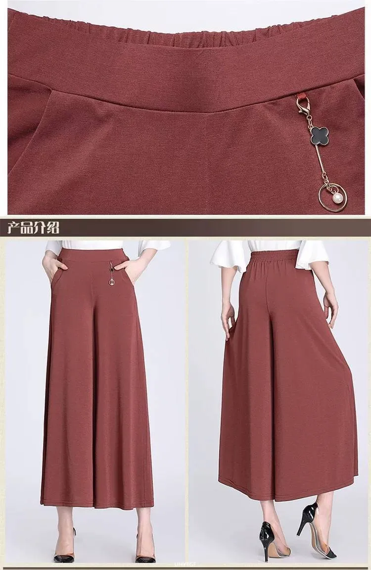 UHYTGF Fashion Summer Culottes Women's Elastic High Waist Wide Leg Female Thin Trousers Elegant Ladies Casual Skirt Pants 1765