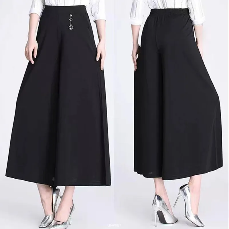 UHYTGF Fashion Summer Culottes Women's Elastic High Waist Wide Leg Female Thin Trousers Elegant Ladies Casual Skirt Pants 1765