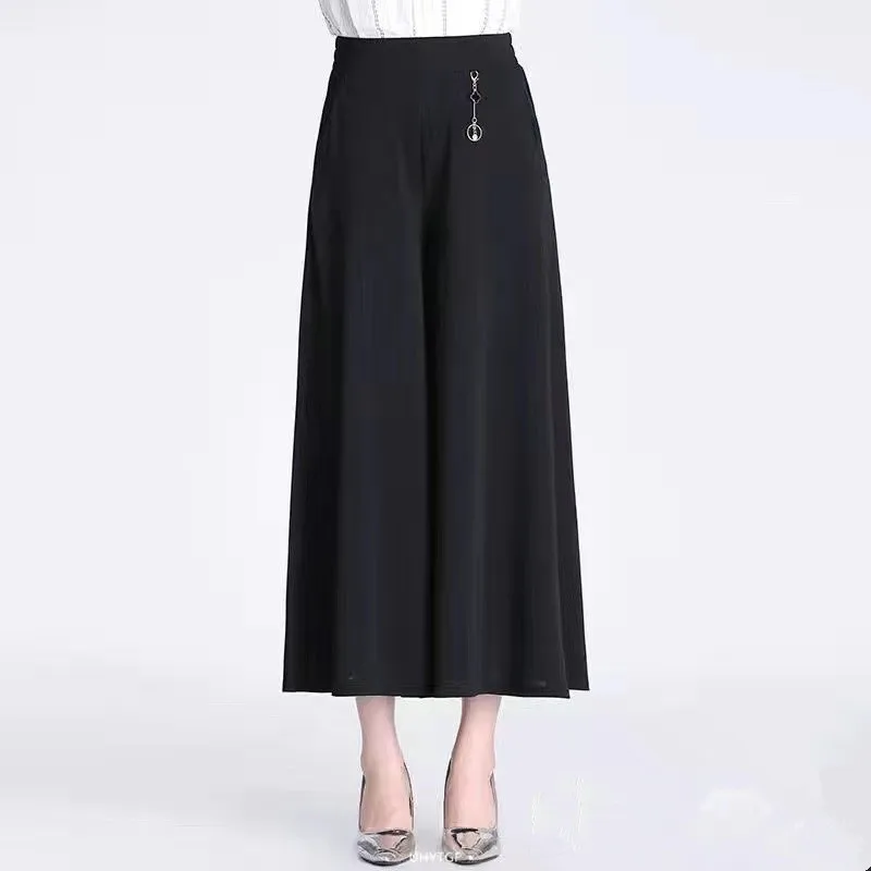 UHYTGF Fashion Summer Culottes Women's Elastic High Waist Wide Leg Female Thin Trousers Elegant Ladies Casual Skirt Pants 1765