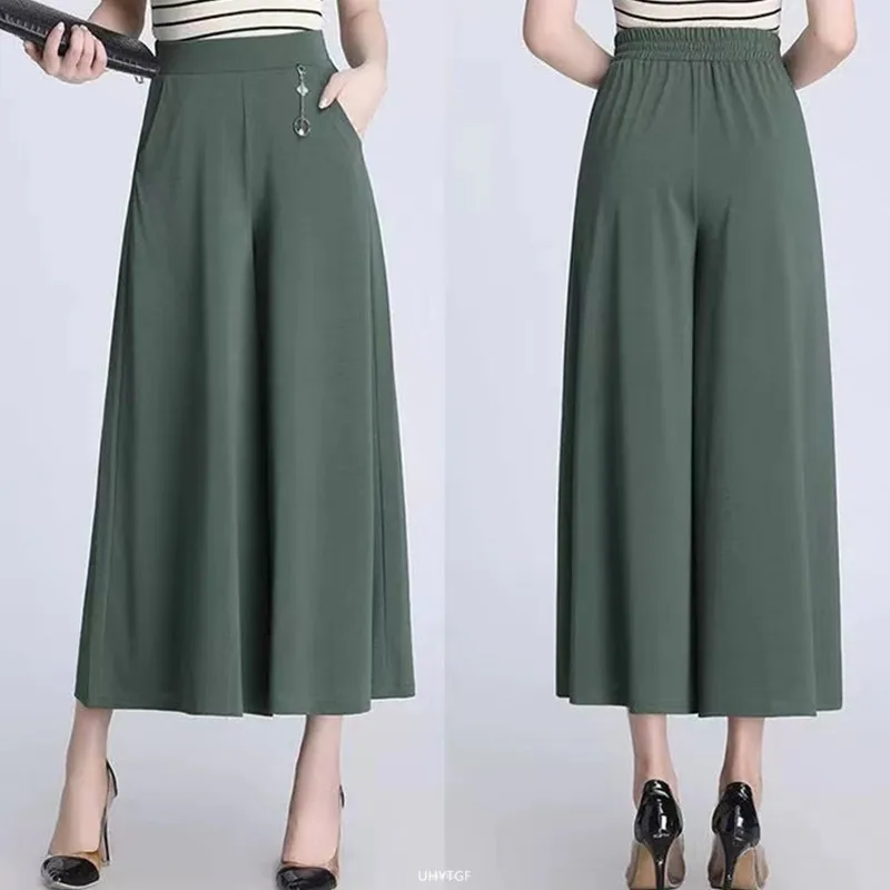 UHYTGF Fashion Summer Culottes Women's Elastic High Waist Wide Leg Female Thin Trousers Elegant Ladies Casual Skirt Pants 1765