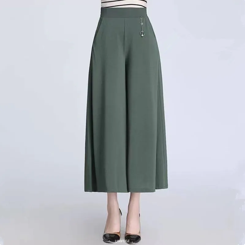 UHYTGF Fashion Summer Culottes Women's Elastic High Waist Wide Leg Female Thin Trousers Elegant Ladies Casual Skirt Pants 1765