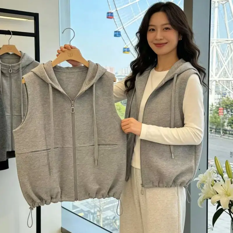 Women's Cotton Hooded Sweatshirt Vest Cotton Sleeveless Top Korean Fashion Sleeveless Cardigan Thin Streetwear Loose Leisure New