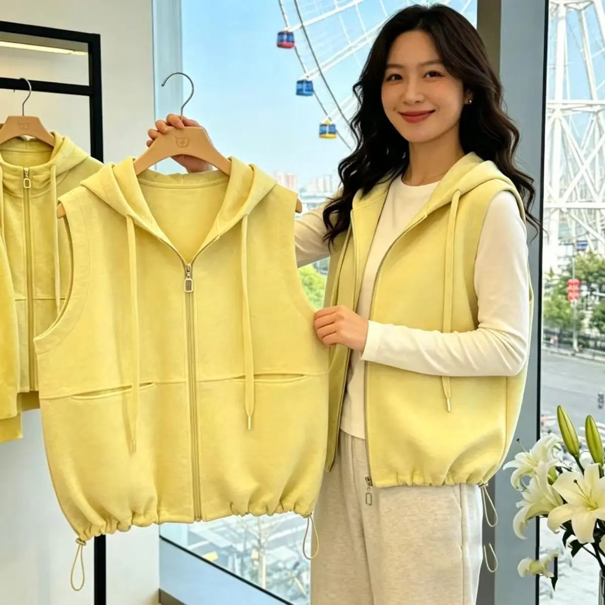 Women's Cotton Hooded Sweatshirt Vest Cotton Sleeveless Top Korean Fashion Sleeveless Cardigan Thin Streetwear Loose Leisure New
