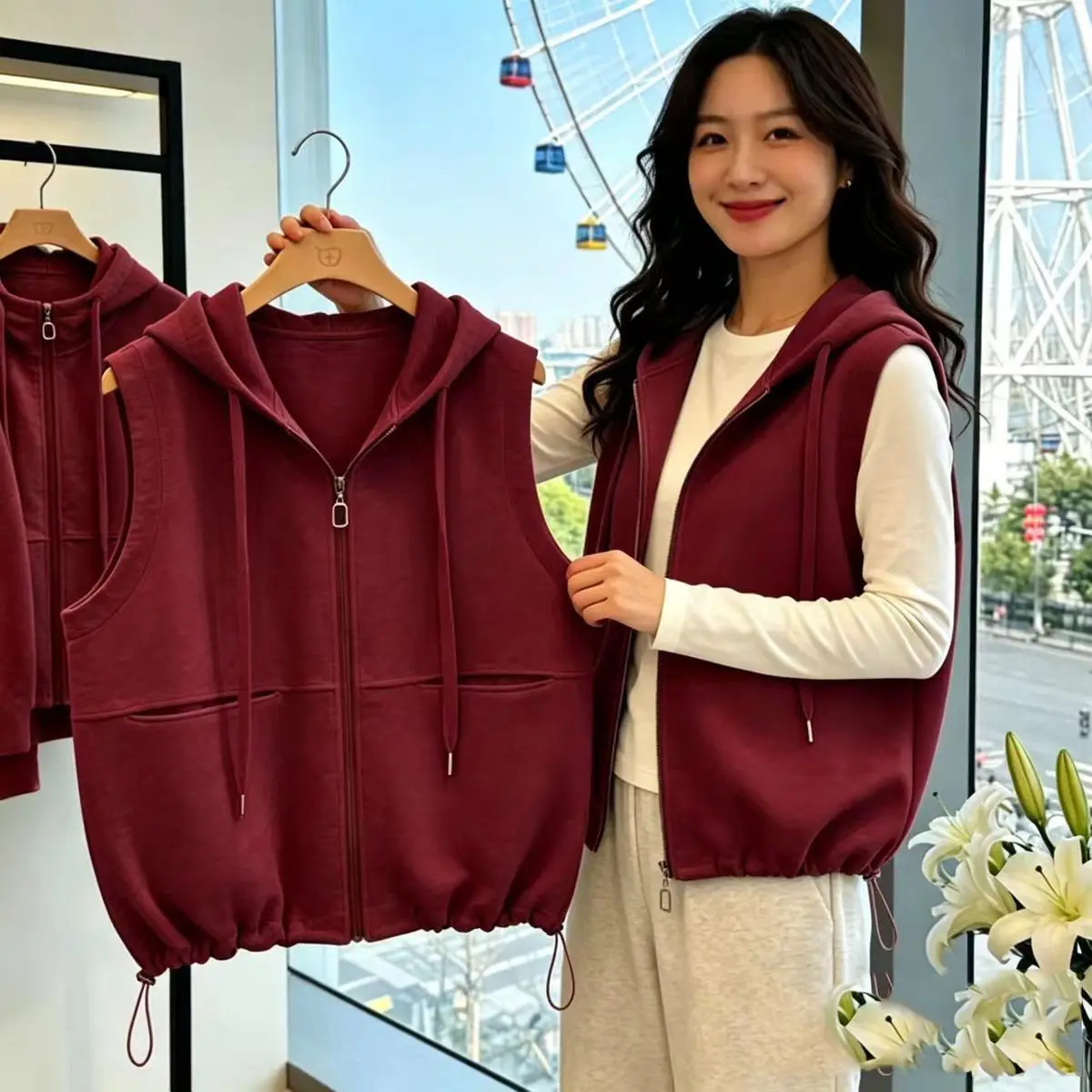 Women's Cotton Hooded Sweatshirt Vest Cotton Sleeveless Top Korean Fashion Sleeveless Cardigan Thin Streetwear Loose Leisure New