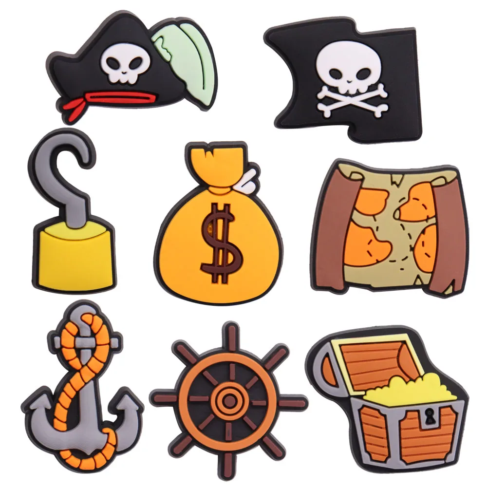 1-8PCS Pirates Style Skull Shoes Charms Decoration Buckle Money Bags Garden Sandals Accessories Kids Party Gift