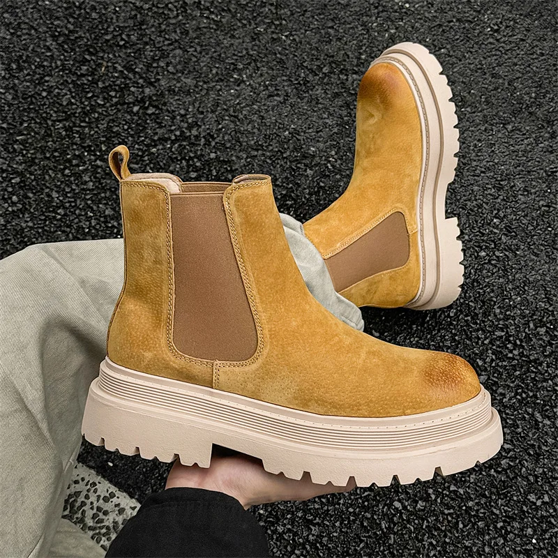 men's leisure punk party dress chelsea boots yellow genuine leather shoes high top cowboy platform boot handsome ankle botas man
