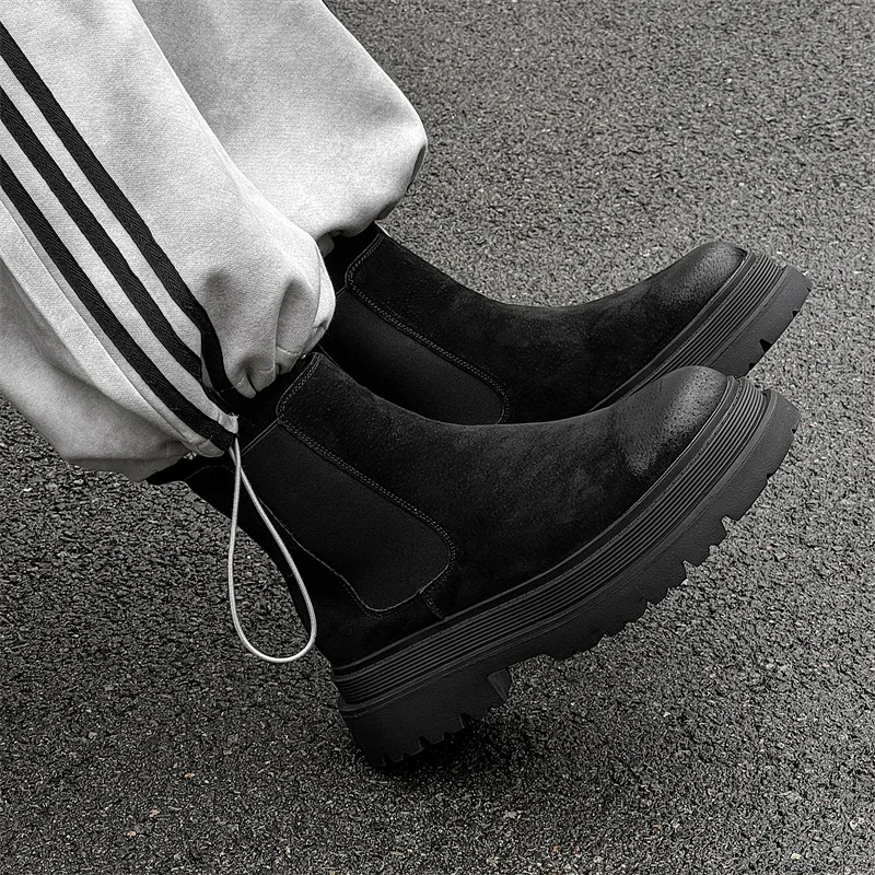 men's leisure punk party dress chelsea boots yellow genuine leather shoes high top cowboy platform boot handsome ankle botas man