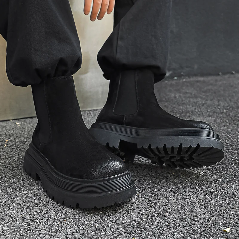 men's leisure punk party dress chelsea boots yellow genuine leather shoes high top cowboy platform boot handsome ankle botas man