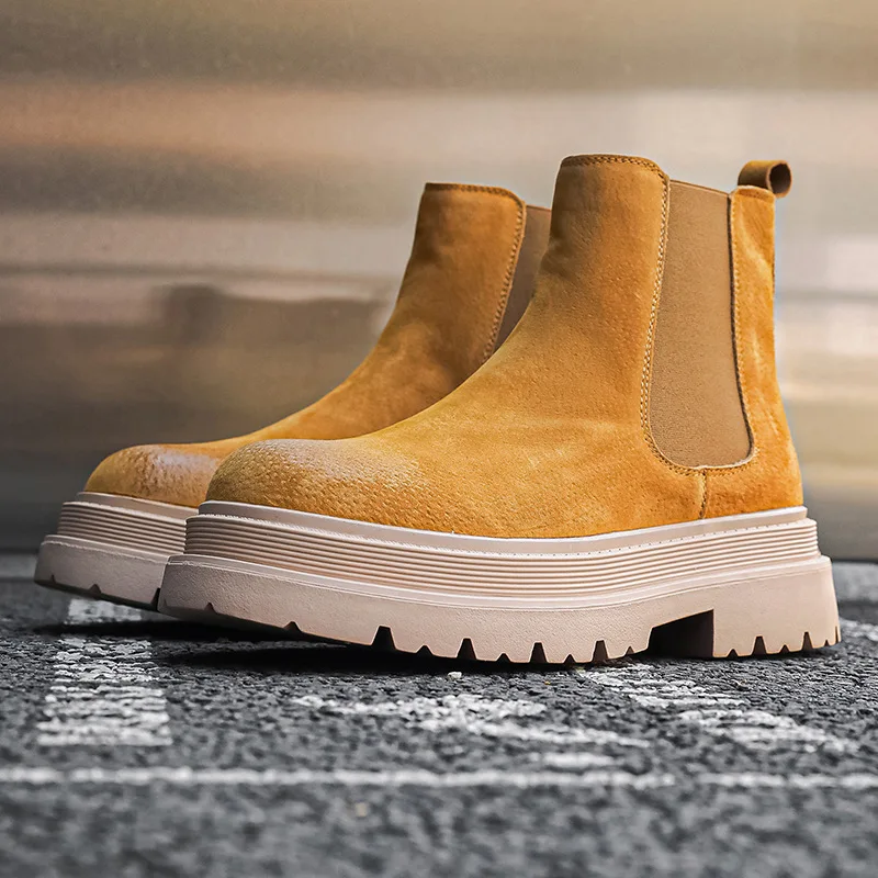 men's leisure punk party dress chelsea boots yellow genuine leather shoes high top cowboy platform boot handsome ankle botas man