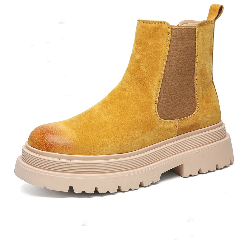 men's leisure punk party dress chelsea boots yellow genuine leather shoes high top cowboy platform boot handsome ankle botas man