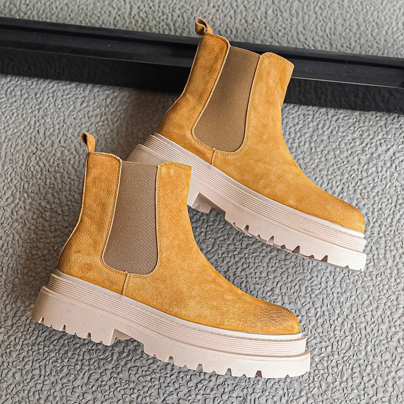 men's leisure punk party dress chelsea boots yellow genuine leather shoes high top cowboy platform boot handsome ankle botas man