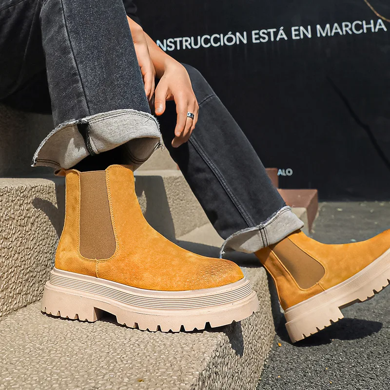 men's leisure punk party dress chelsea boots yellow genuine leather shoes high top cowboy platform boot handsome ankle botas man
