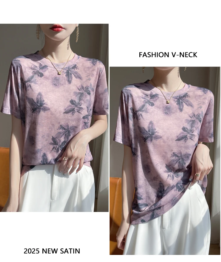 New 2026 Summer Crewneck Printed Knitted Women's Short-sleeved Elegant Joker Top