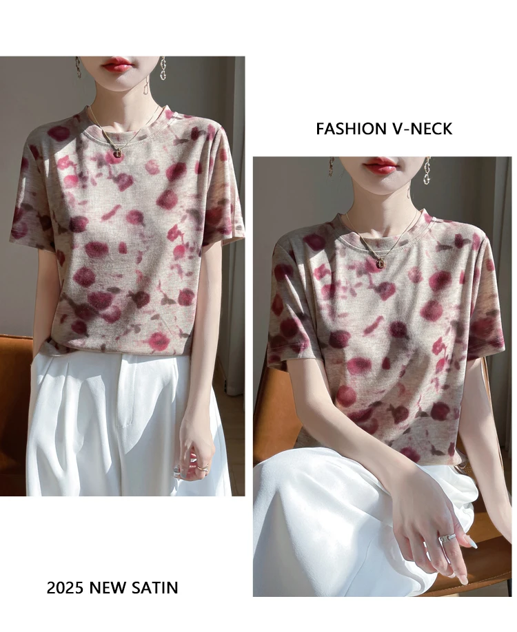 New 2026 Summer Crewneck Printed Knitted Women's Short-sleeved Elegant Joker Top