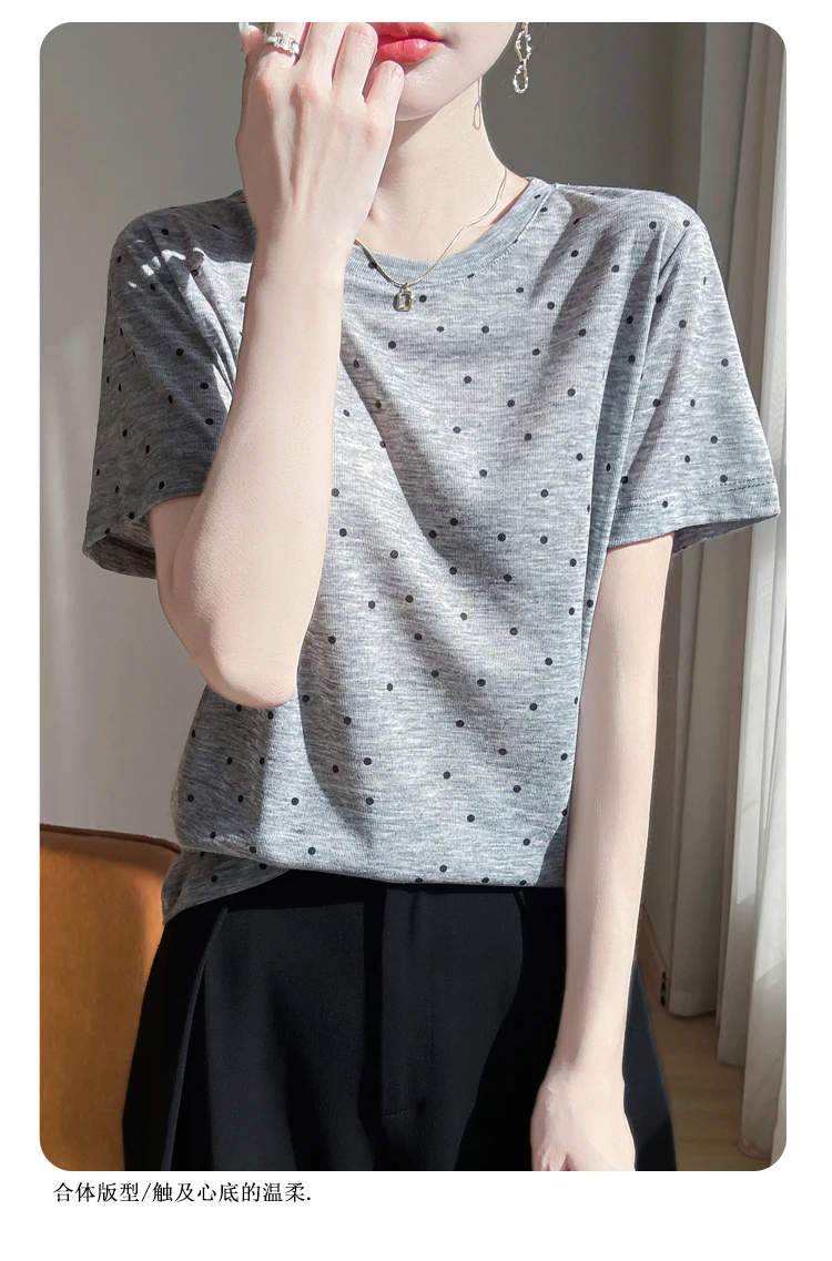New 2026 Summer Crewneck Printed Knitted Women's Short-sleeved Elegant Joker Top
