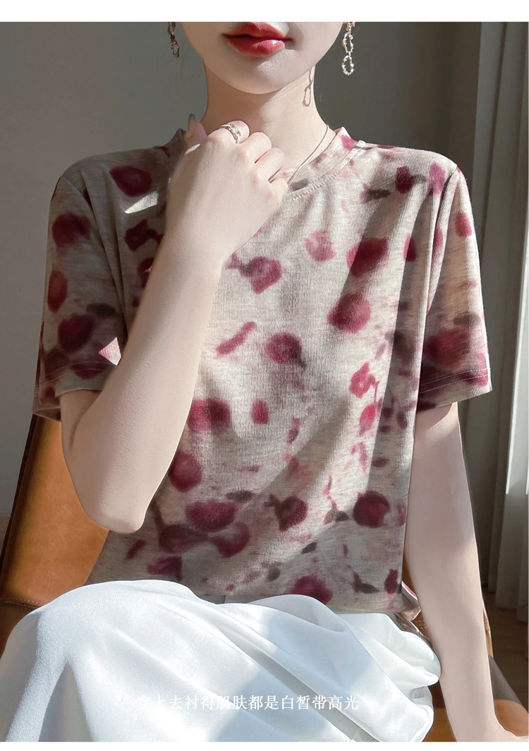 New 2026 Summer Crewneck Printed Knitted Women's Short-sleeved Elegant Joker Top