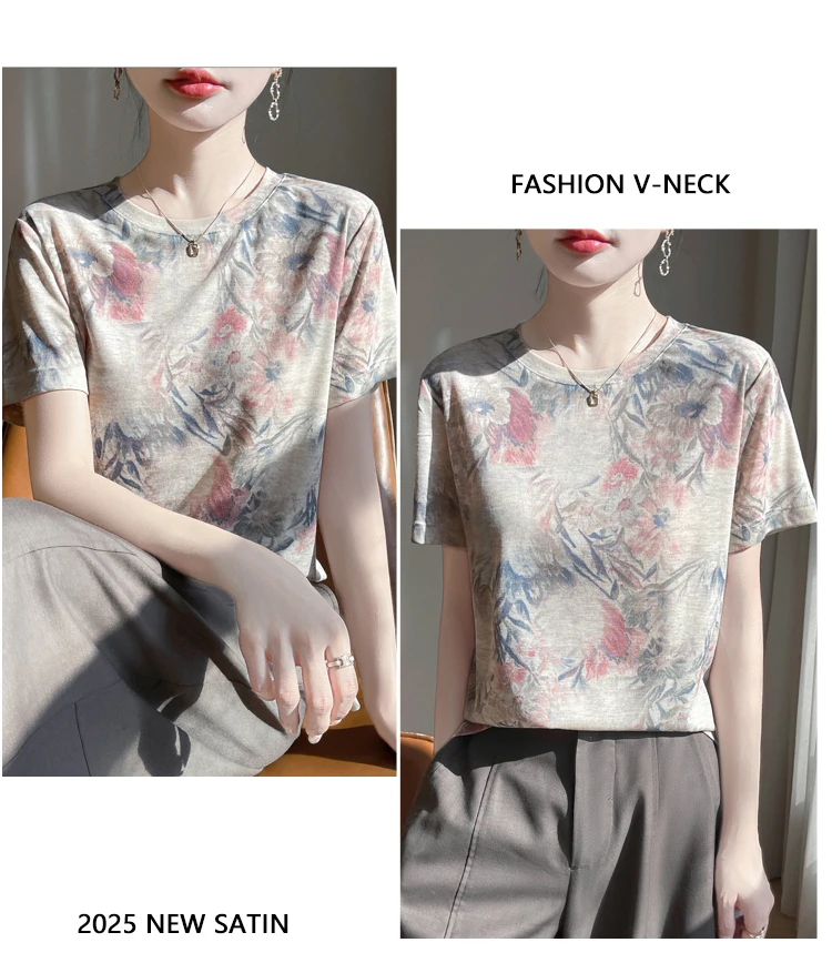 New 2026 Summer Crewneck Printed Knitted Women's Short-sleeved Elegant Joker Top