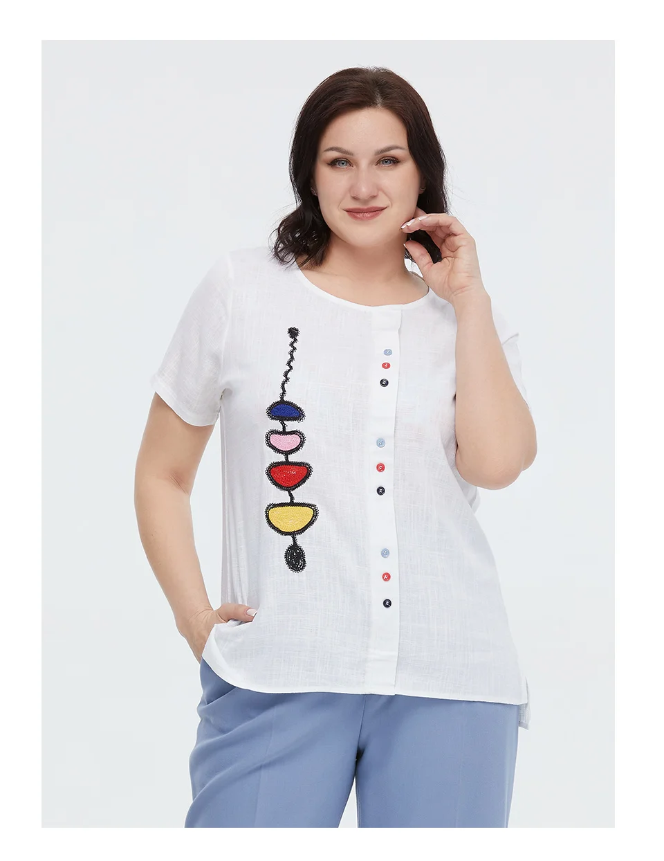 Astrid Summer Women's T-shirt 2023 Cotton Linen Top Female Oversized Short Sleeve Tee Colorful Sequins Button Fashion Clothing