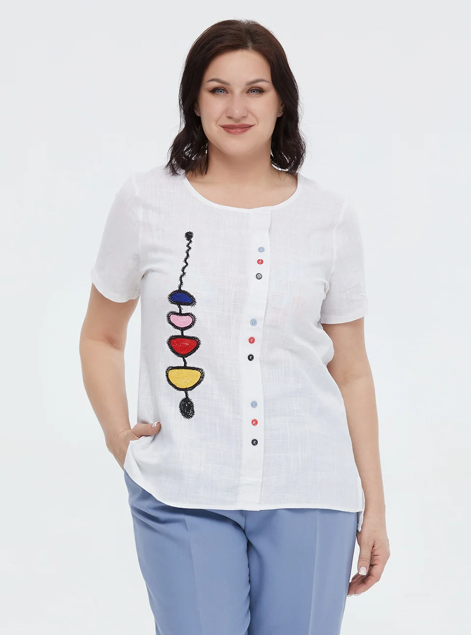 Astrid Summer Women's T-shirt 2023 Cotton Linen Top Female Oversized Short Sleeve Tee Colorful Sequins Button Fashion Clothing