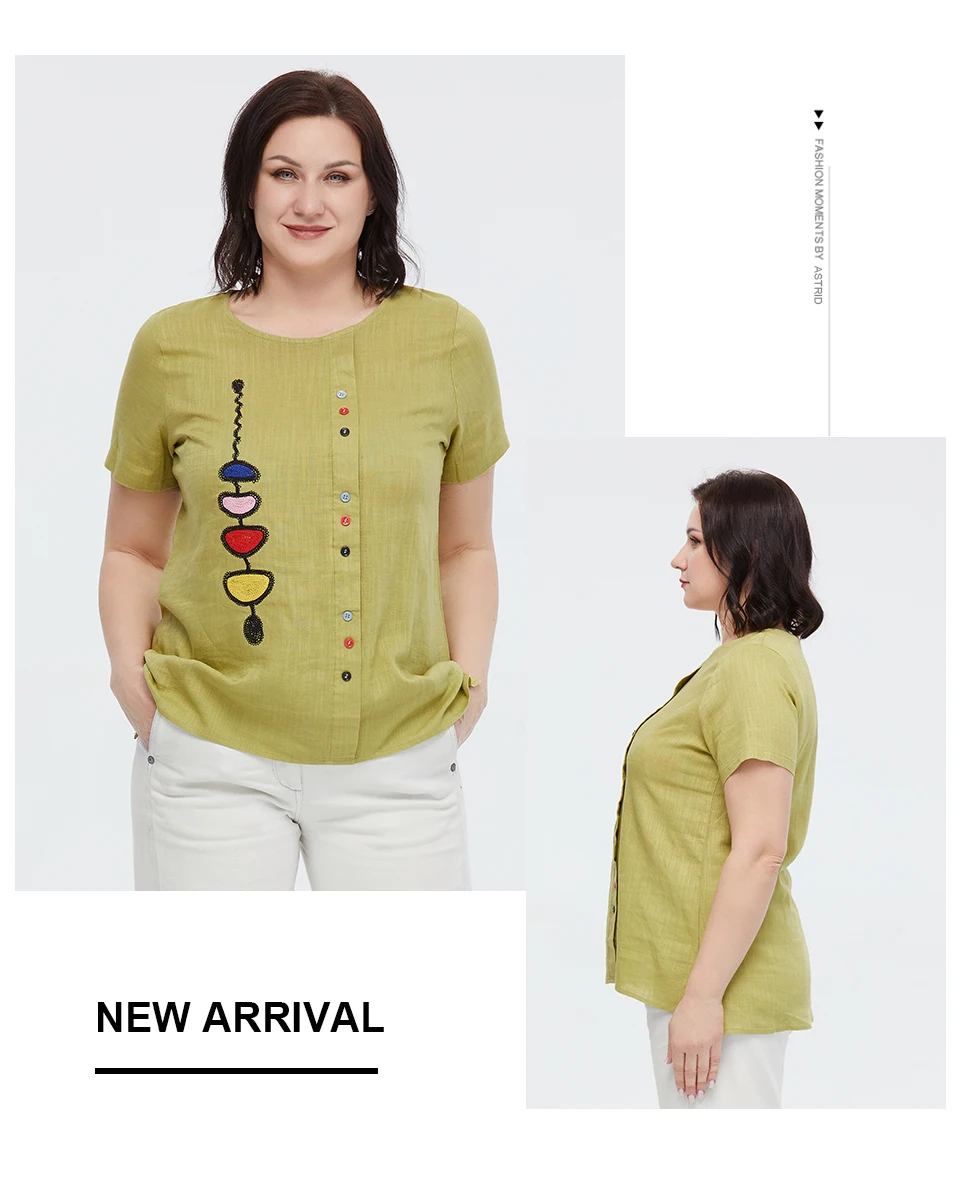 Astrid Summer Women's T-shirt 2023 Cotton Linen Top Female Oversized Short Sleeve Tee Colorful Sequins Button Fashion Clothing