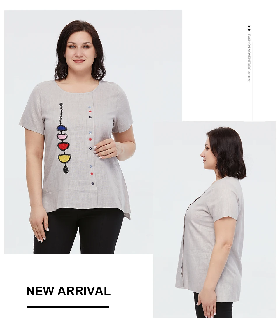 Astrid Summer Women's T-shirt 2023 Cotton Linen Top Female Oversized Short Sleeve Tee Colorful Sequins Button Fashion Clothing