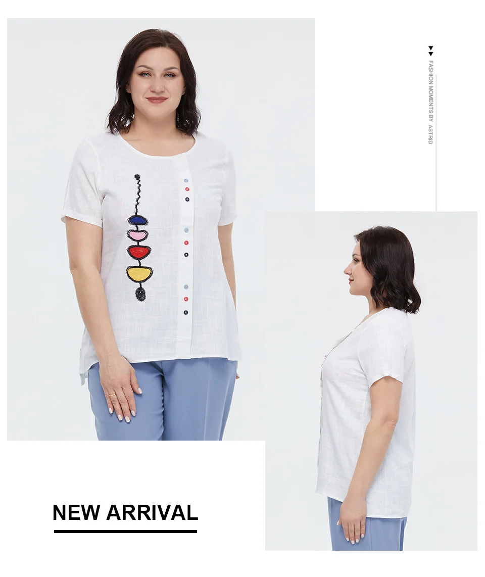 Astrid Summer Women's T-shirt 2023 Cotton Linen Top Female Oversized Short Sleeve Tee Colorful Sequins Button Fashion Clothing
