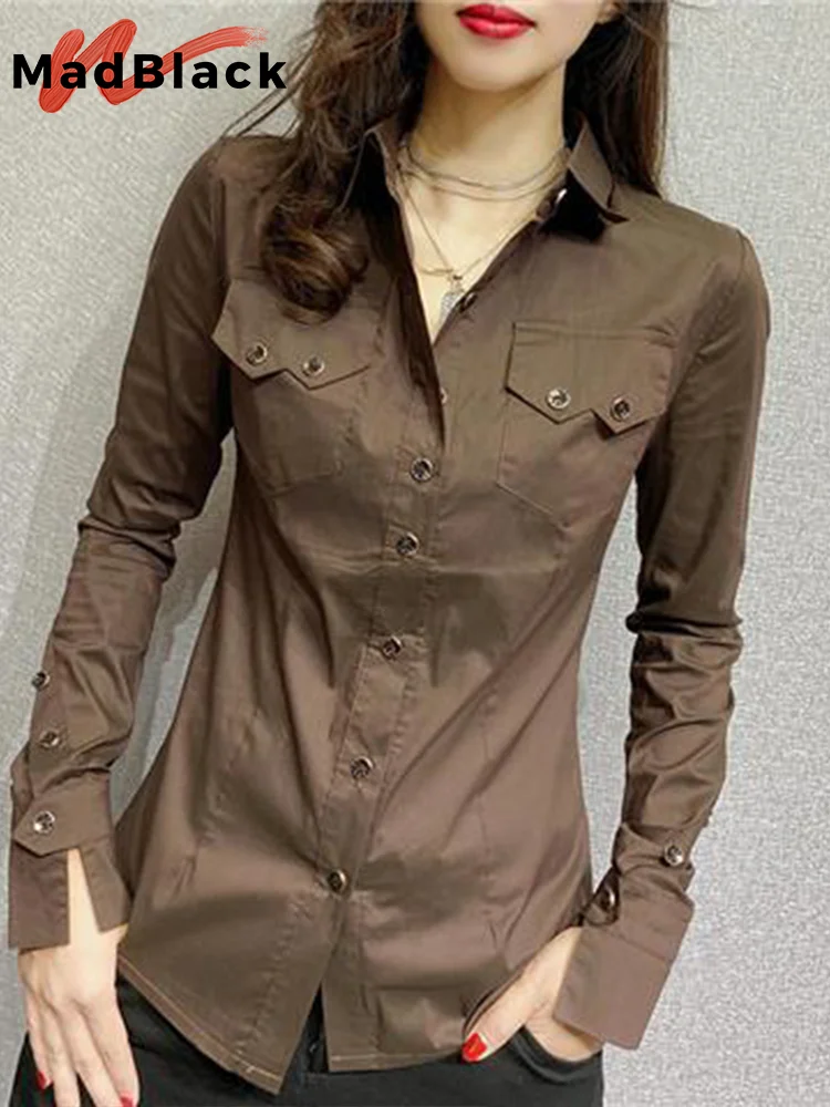 MadBlack New Spring Women's Long Sleeve Green Shirts Autumn Office Lady Pocket Blouses Women Button Up Tops 2026 T33111Z