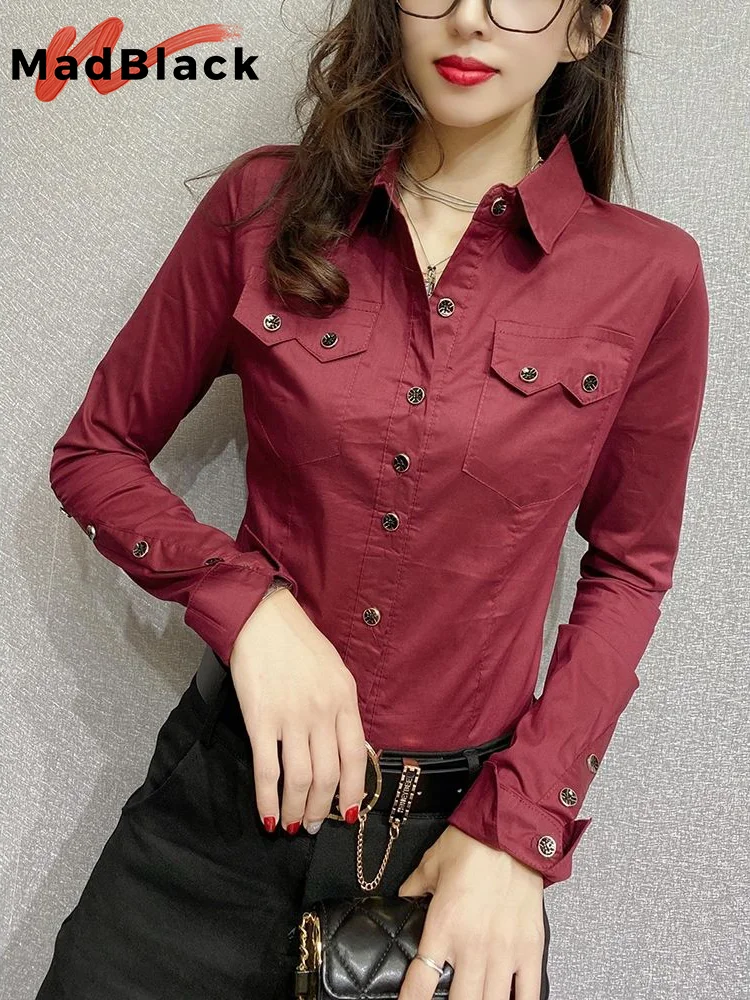 MadBlack New Spring Women's Long Sleeve Green Shirts Autumn Office Lady Pocket Blouses Women Button Up Tops 2026 T33111Z