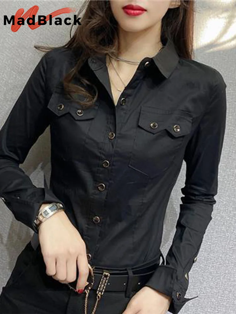 MadBlack New Spring Women's Long Sleeve Green Shirts Autumn Office Lady Pocket Blouses Women Button Up Tops 2026 T33111Z