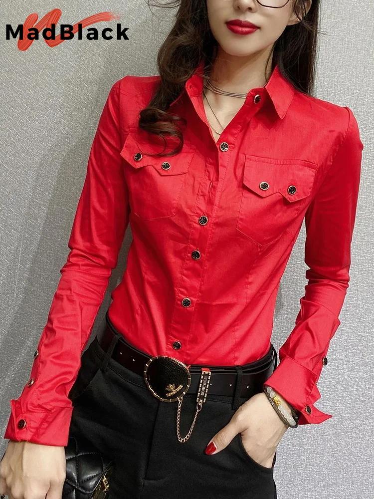 MadBlack New Spring Women's Long Sleeve Green Shirts Autumn Office Lady Pocket Blouses Women Button Up Tops 2026 T33111Z