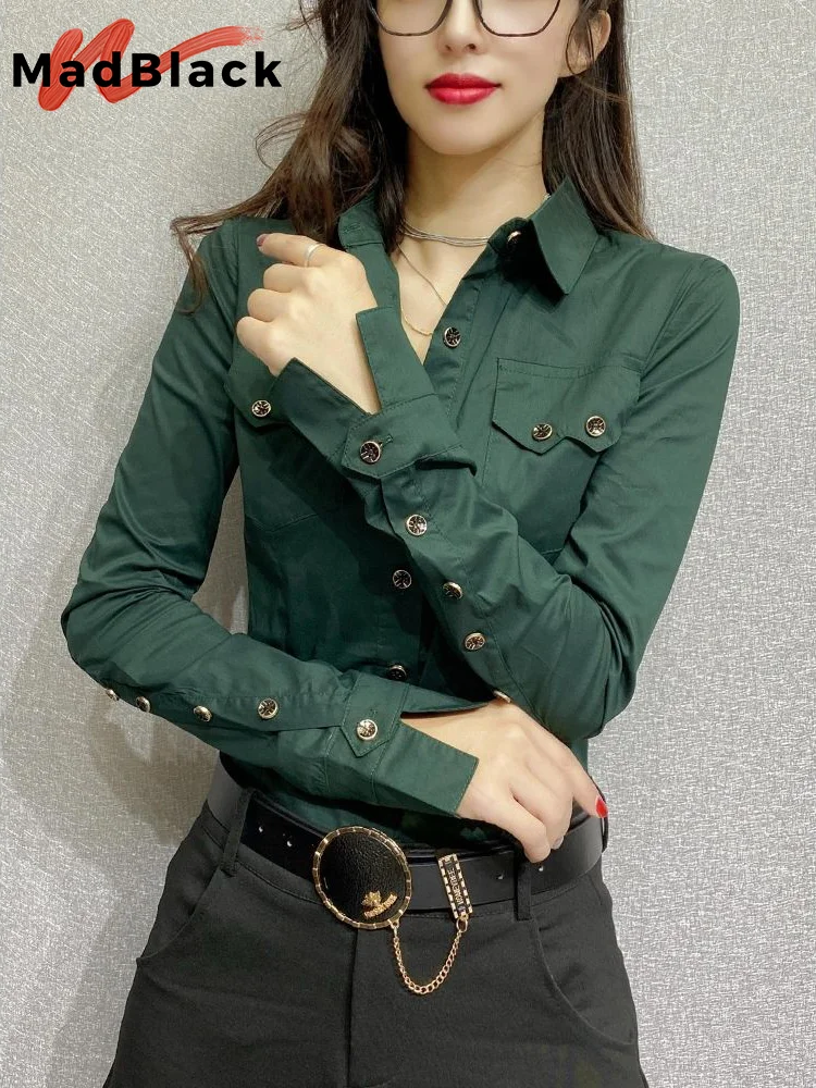 MadBlack New Spring Women's Long Sleeve Green Shirts Autumn Office Lady Pocket Blouses Women Button Up Tops 2026 T33111Z