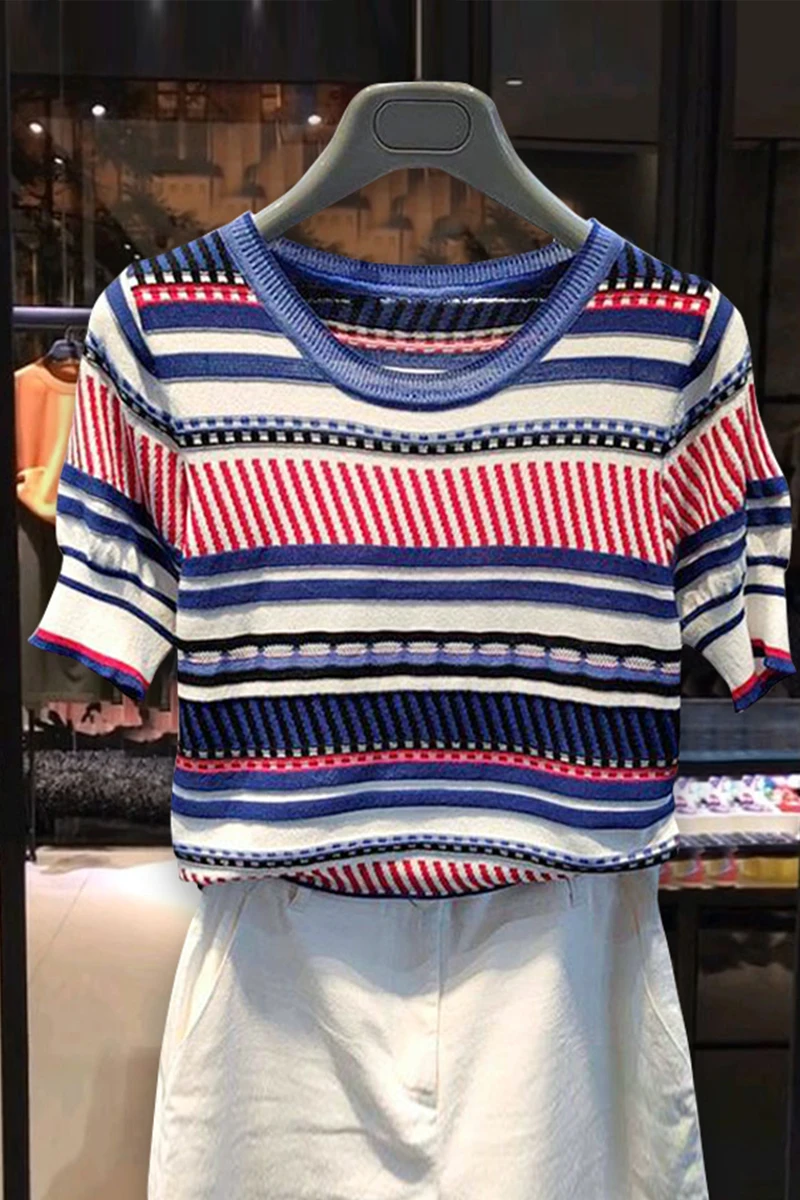 100% Cotton Women Sweater T-shirt New Summer Fashion Short-sleeve O-Neck Pullover Tees Korea Casual Knitted Color Stripe Tops