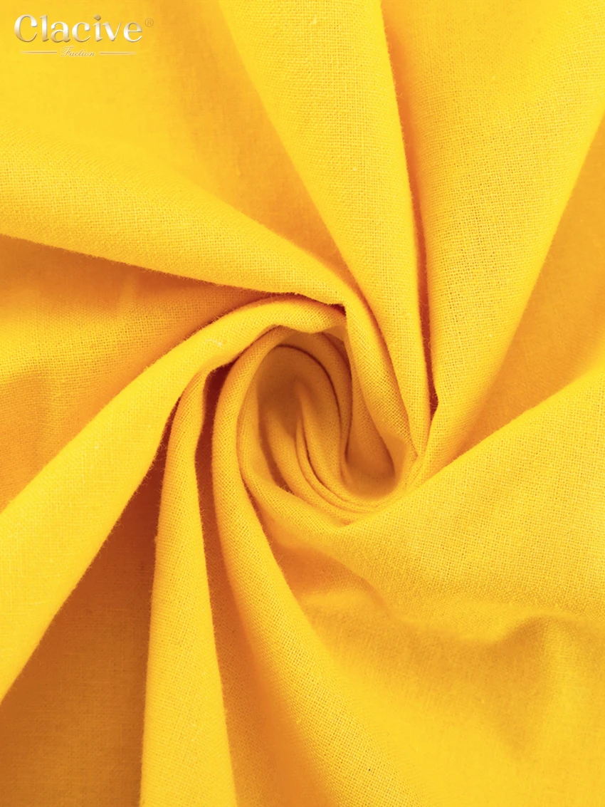 Clacive Sexy Yellow Linen Summer Dress Fashion Deep V-Neck Sleeveless Midi Dress Elegant Ruffle Backless Dresses For Women 2023